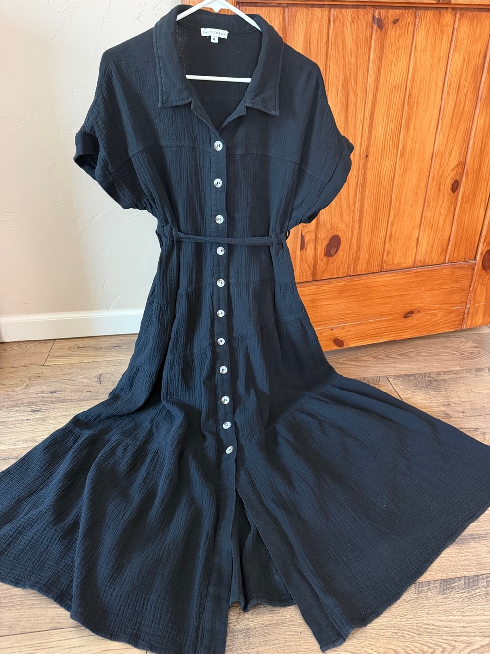 Baltic Born Black Cotton Gauze Button-Down Midi Dress – Size XL – Like New